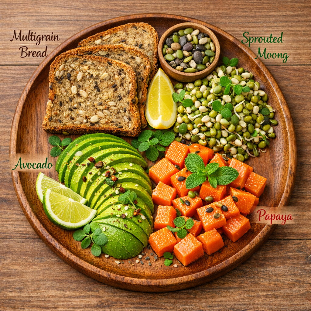 Avocado with Multigrain Bread, Sprouted Moong, Papaya