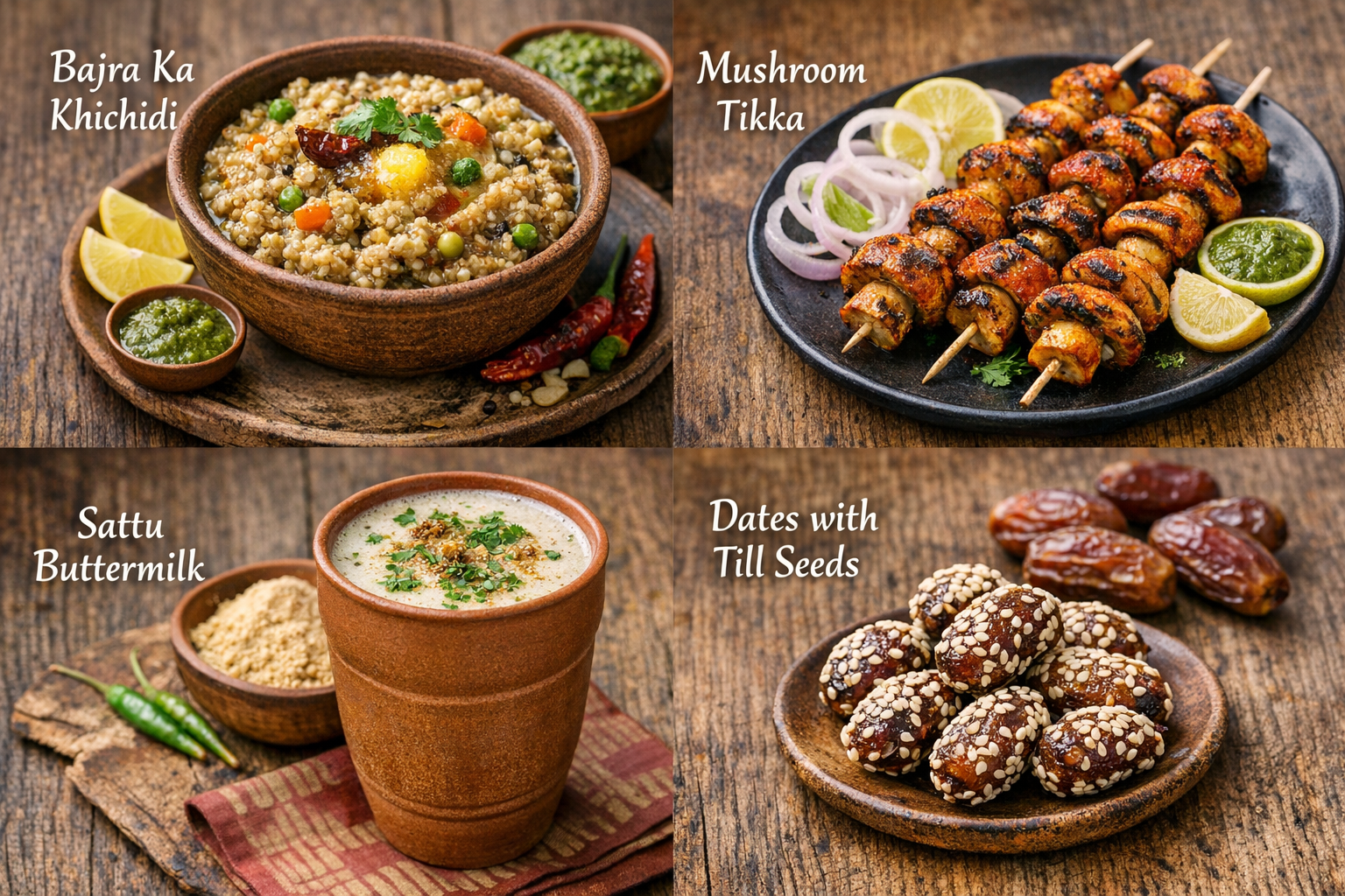 Bajra Ka Khichidi, Mushroom Tikka, Sattu Buttermilk, Dates with Till Seeds