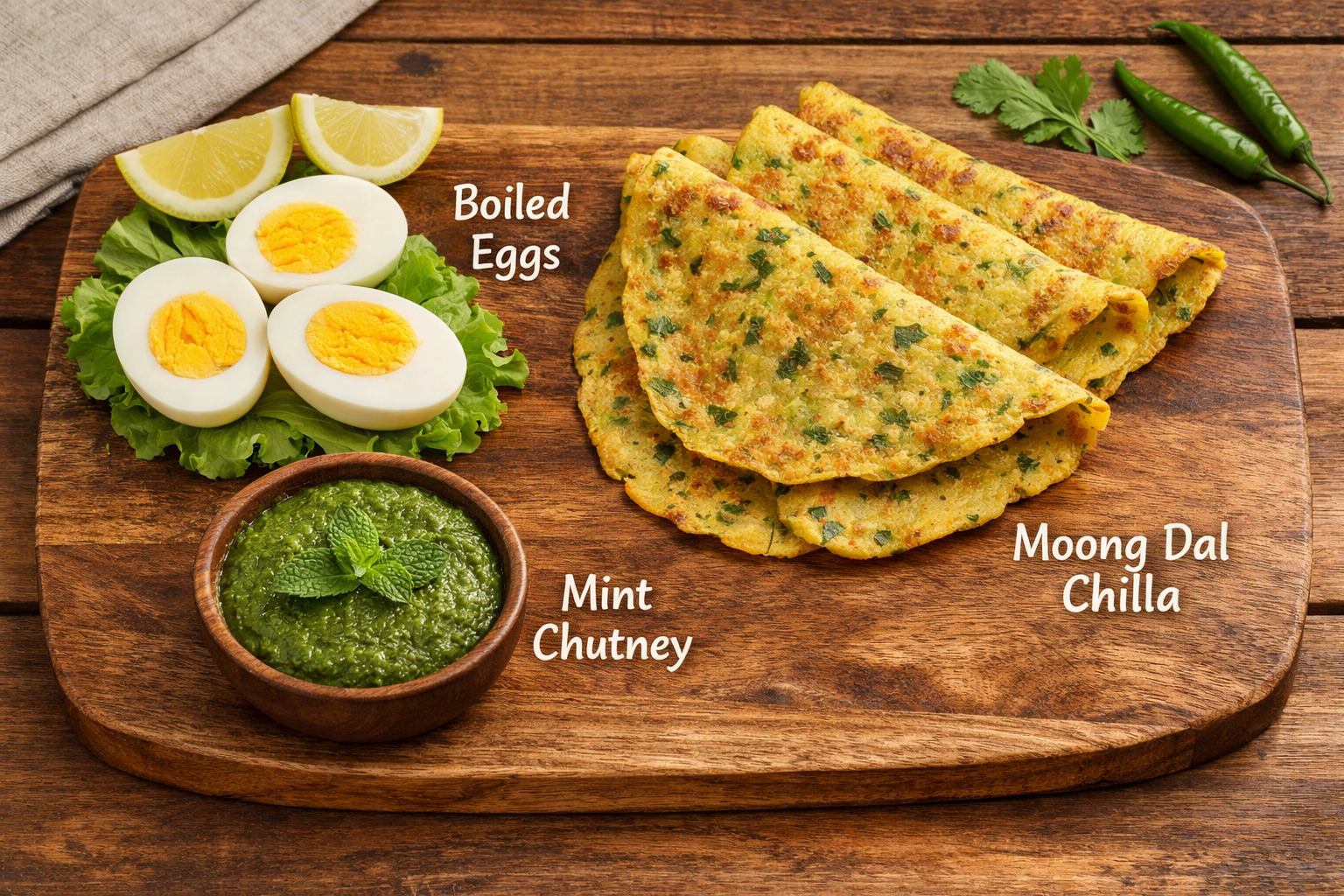 Boiled Eggs, Moong dal Chilla, Mint Chutney