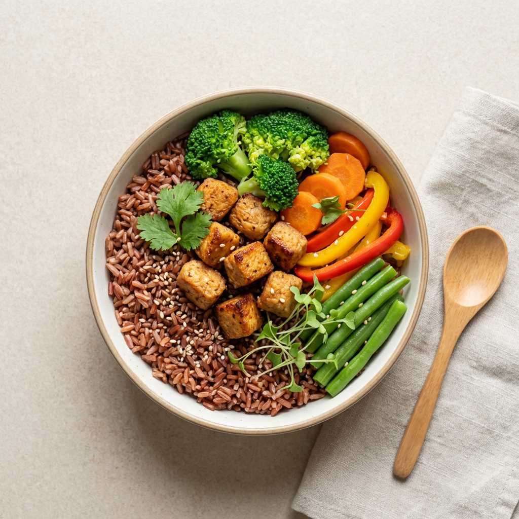 Brown Rice Tofu Veggie Nourish Bowl