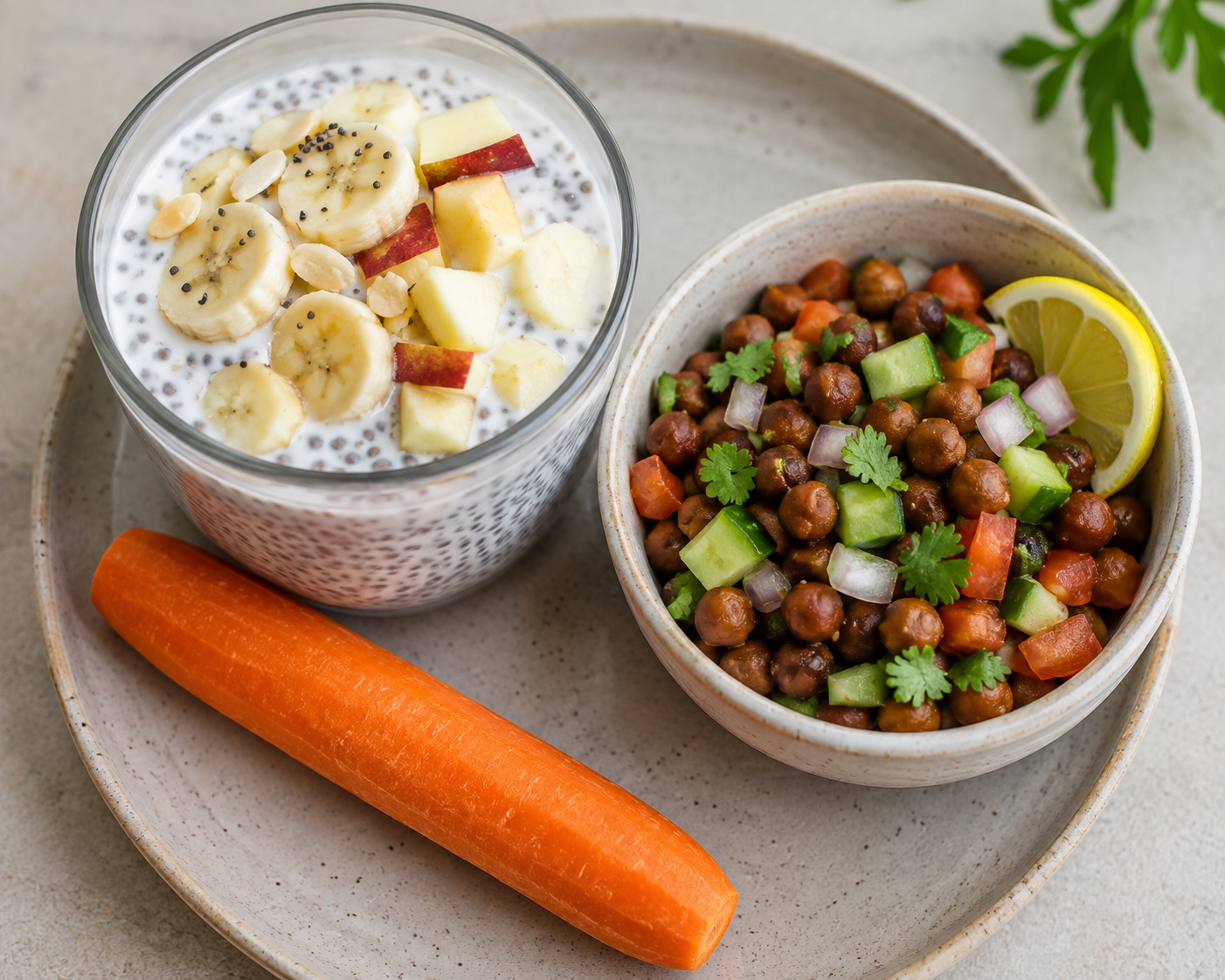 Chia pudding with coconut milk with fruits, kala channa salad and Carrot