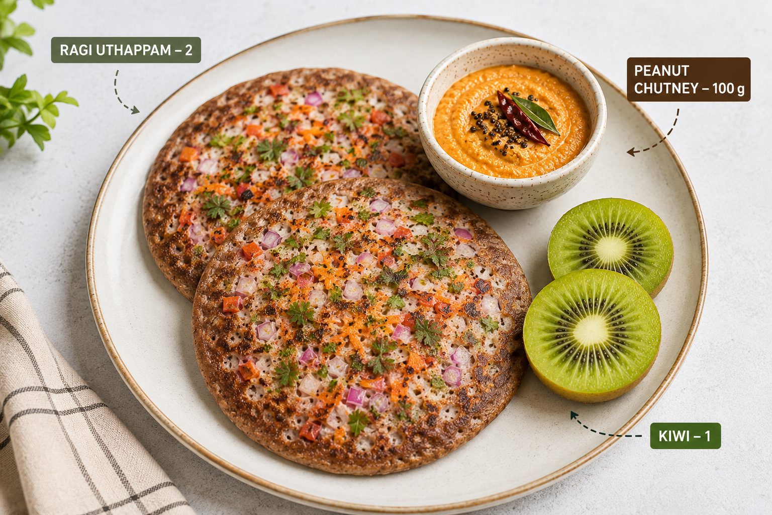 Ragi uthappam with peanut chutney and kiwi