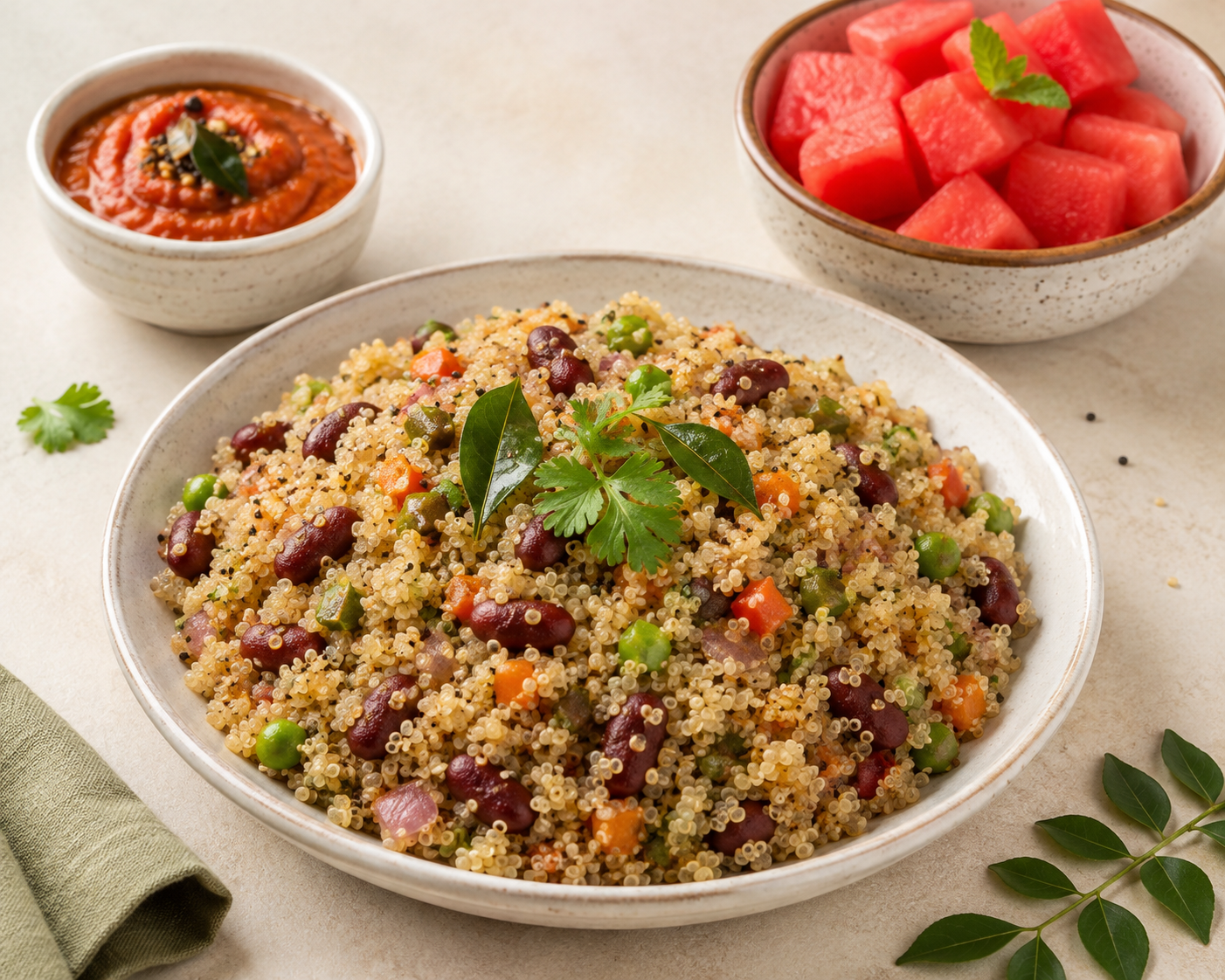Quinoa rajma veg upma with tomato chutney and watermelon