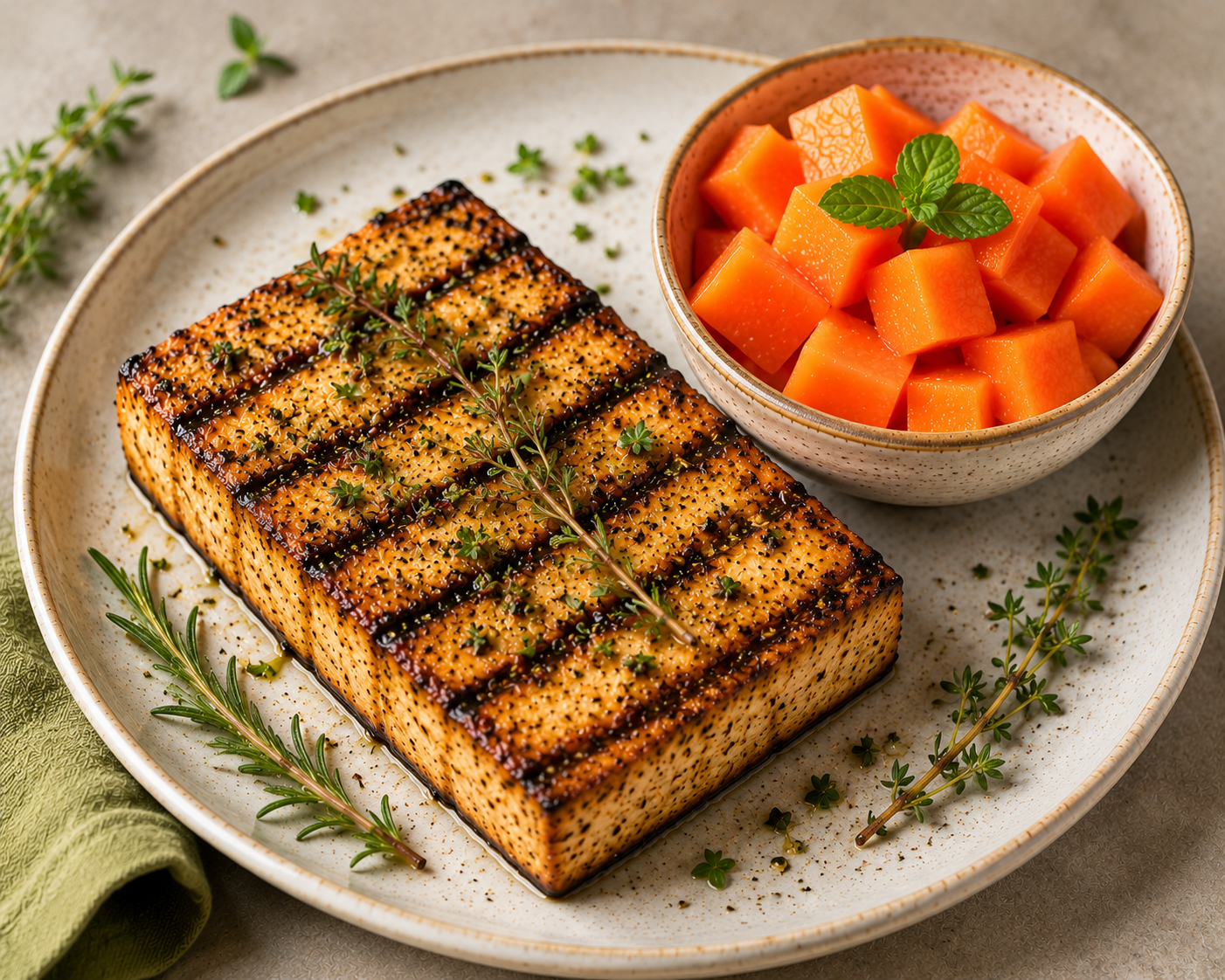 Grilled Tofu steak with herbs and papaya fruit