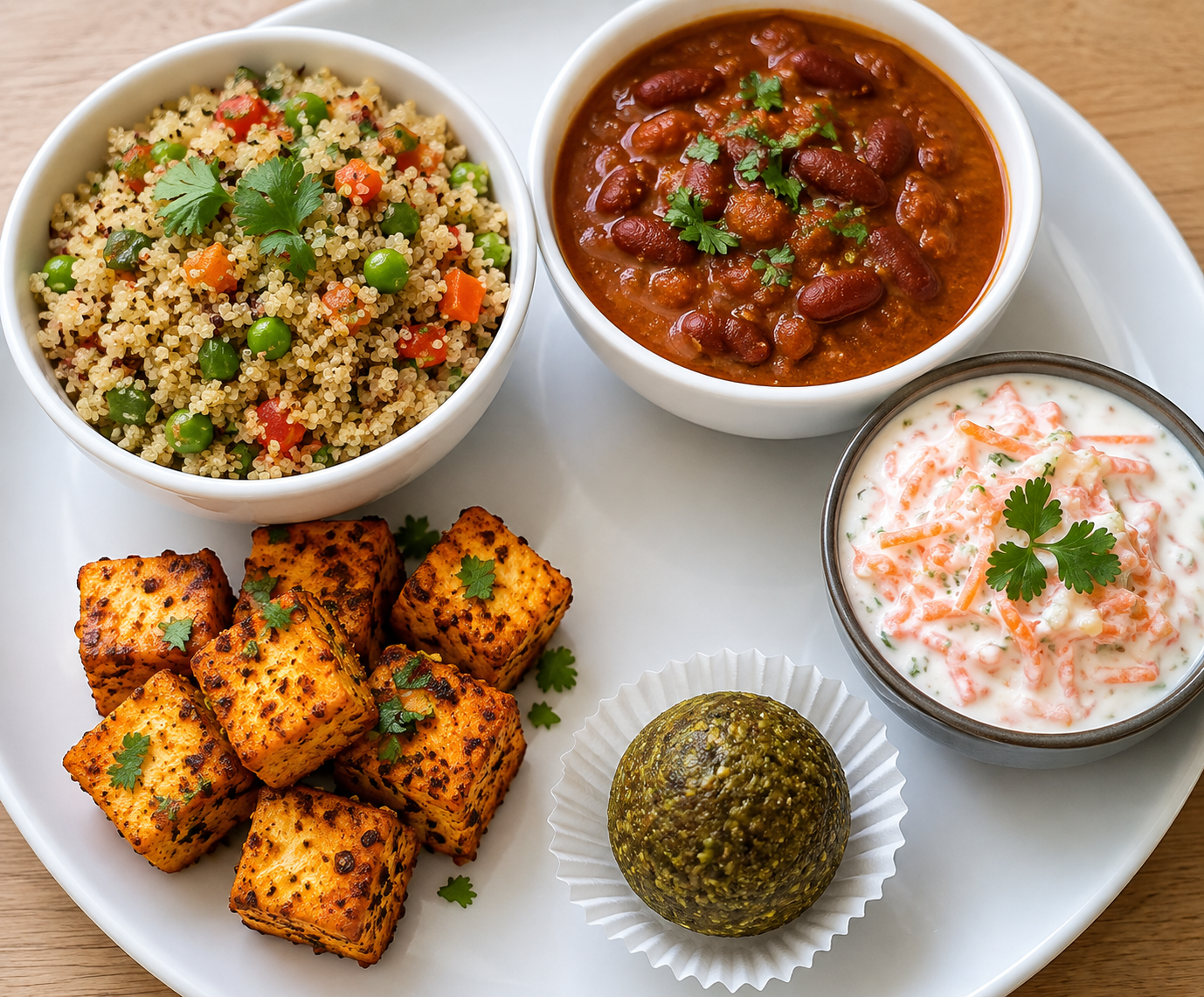 Quinoa pulao, rajma gravy curry with paneer fry, carrot raita and moringa ladoo