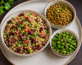 Rajma quinoa protein bowl green peas and tomato gravy curry, Green gram dal fry with  sauteed peas, paneer protein ladoo