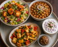 Paneer tikka buddha rice bowl with chole gravy curry,baby corn paneer stir fry with onion raita,walnut ladoor