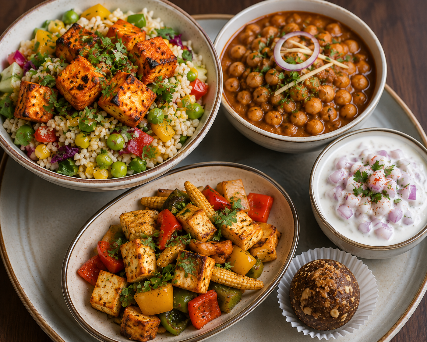 Paneer tikka buddha rice bowl with chole gravy curry,baby corn paneer stir fry with onion raita,walnut ladoor