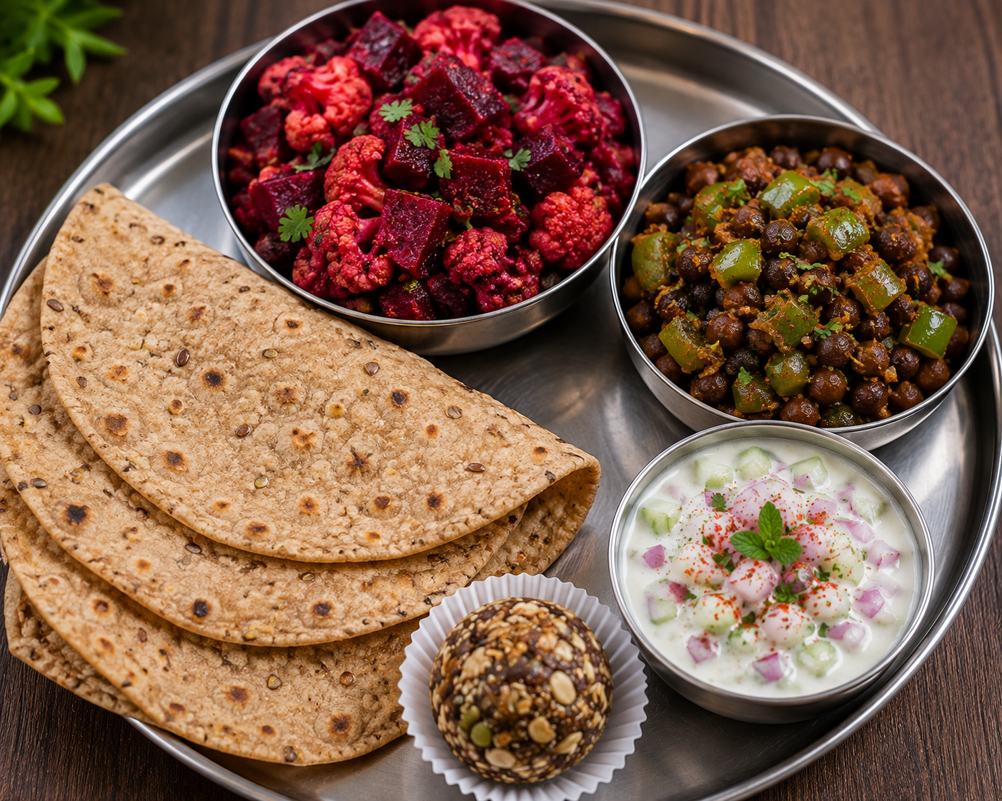 Multigrain phulka, beetroot cauliflower curry, black channa & caapsicum fry with raita, Mixed seed ladoo