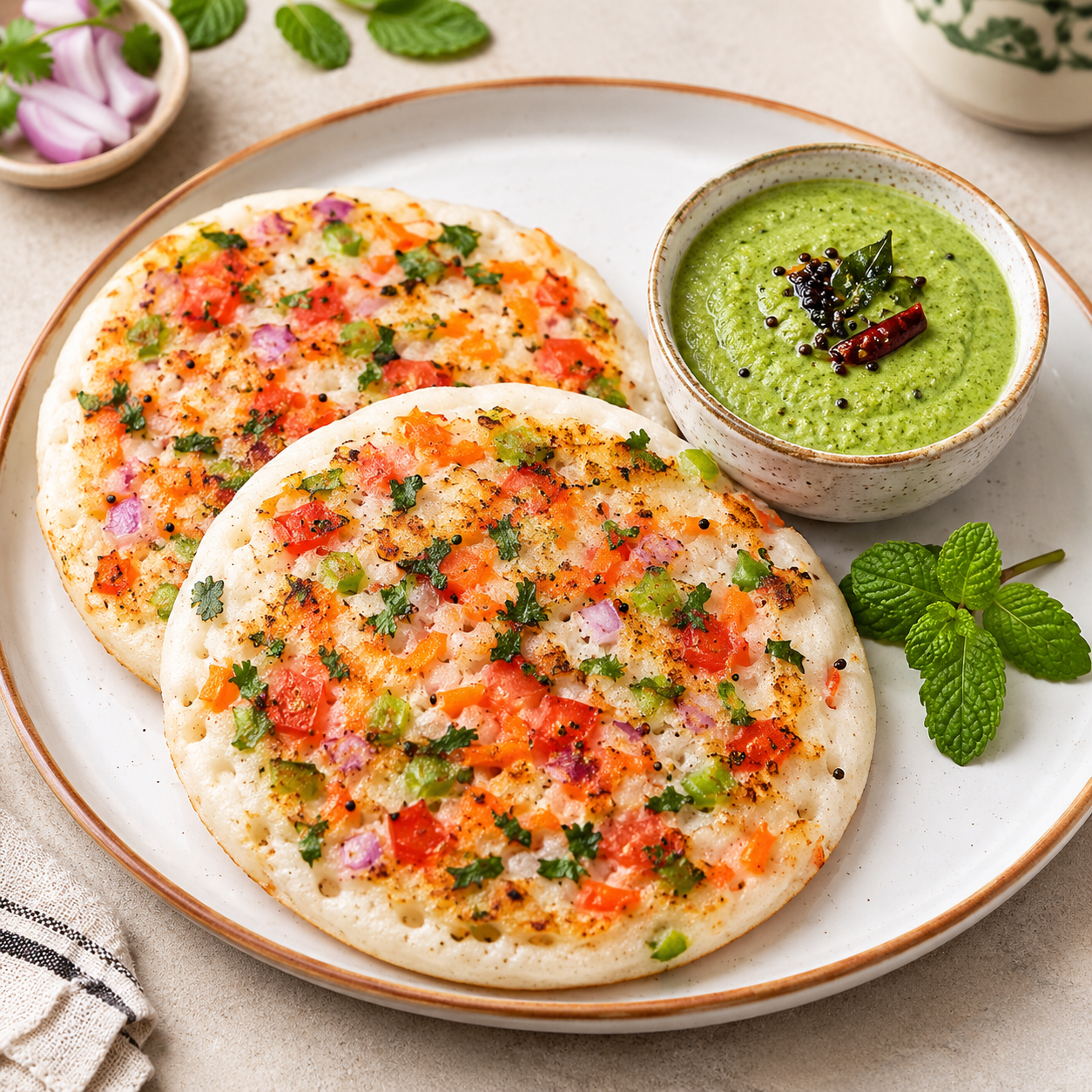 Vegetable Uttapam with Mint Chutney