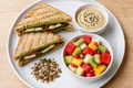 Pesto Sandwich with Sesame Dip, Fruit and Mixed Seeds
