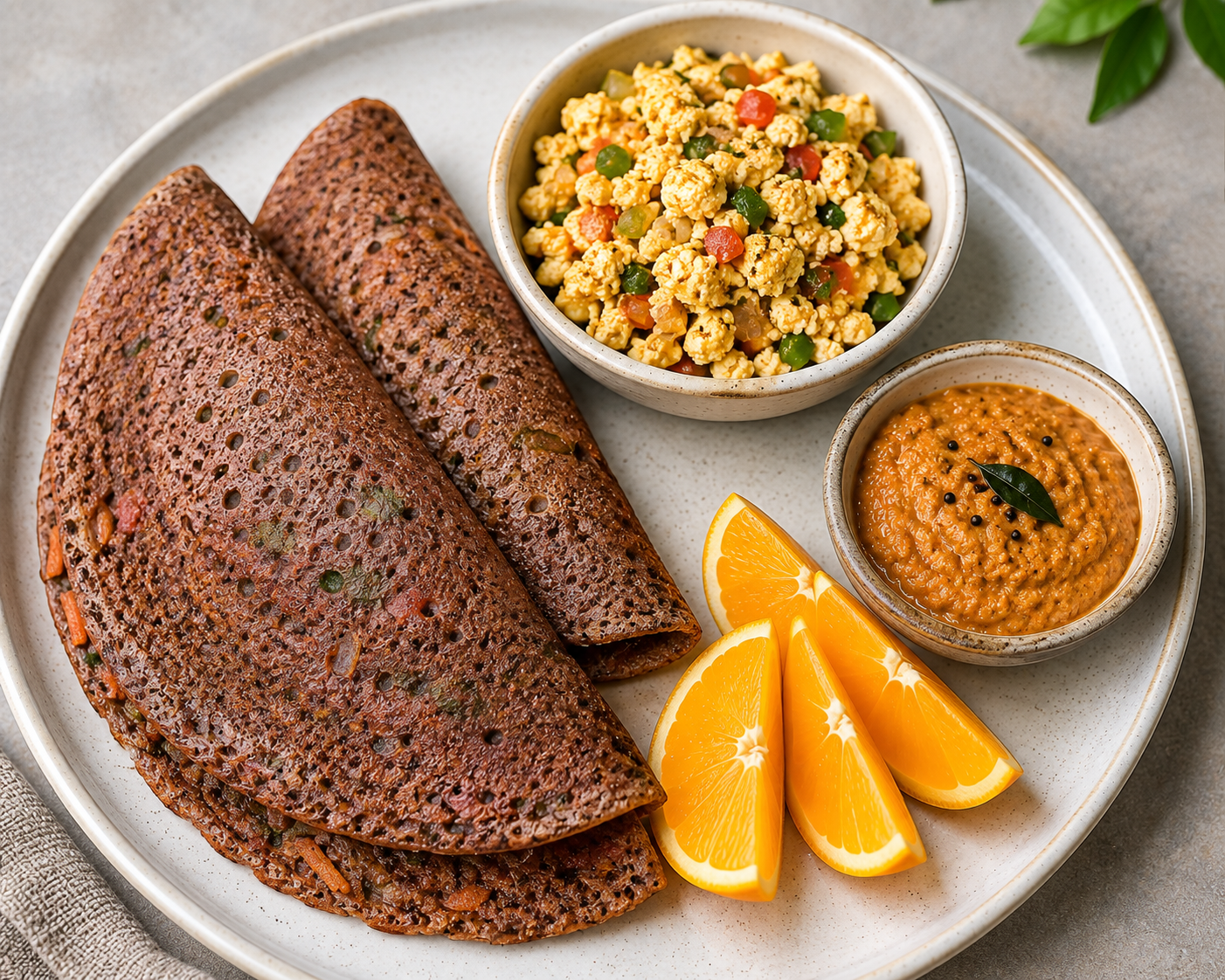 Ragi Vegetable Dosa with Scrambled Paneer, Bengal gram chutney and Orange