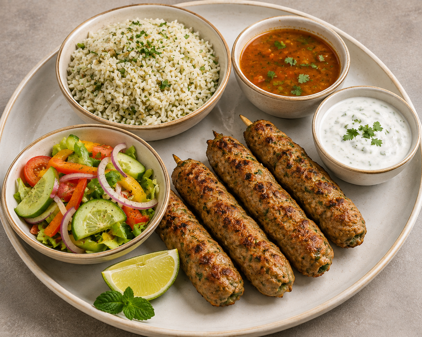 Herb rice with chicken seekh kebab, tomato rasam, garlic yogurt and Veg salad