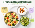 Scrambled Egg Whites with Whole Egg, Spinach & Tomato, served with Greek Yogurt with Almonds and Cucumber Salad