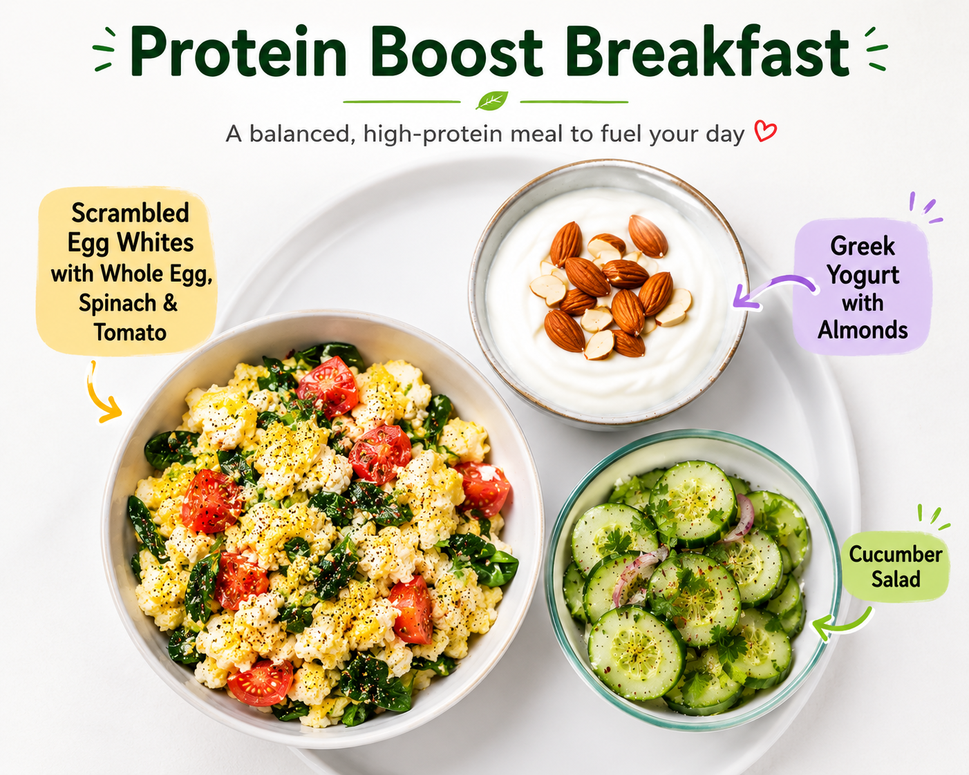 Scrambled Egg Whites with Whole Egg, Spinach & Tomato, served with Greek Yogurt with Almonds and Cucumber Salad