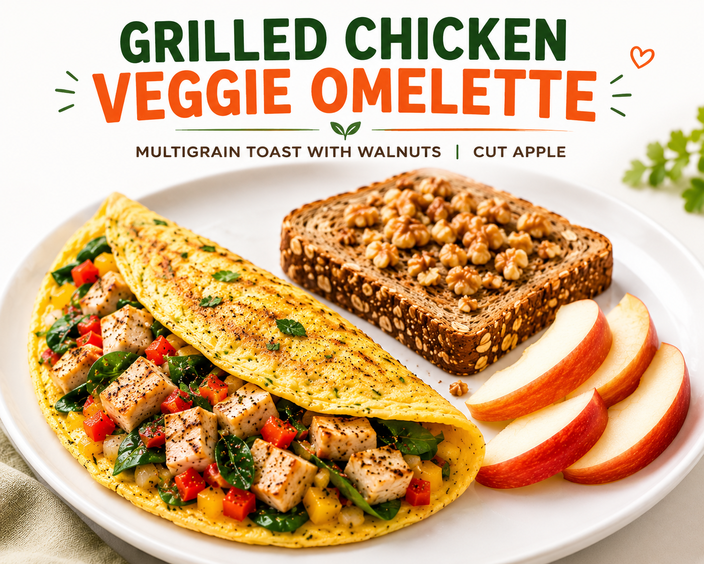 Grilled Chicken Veggie Omelette, served with Multigrain Toast with Walnuts and Fresh Cut Apple