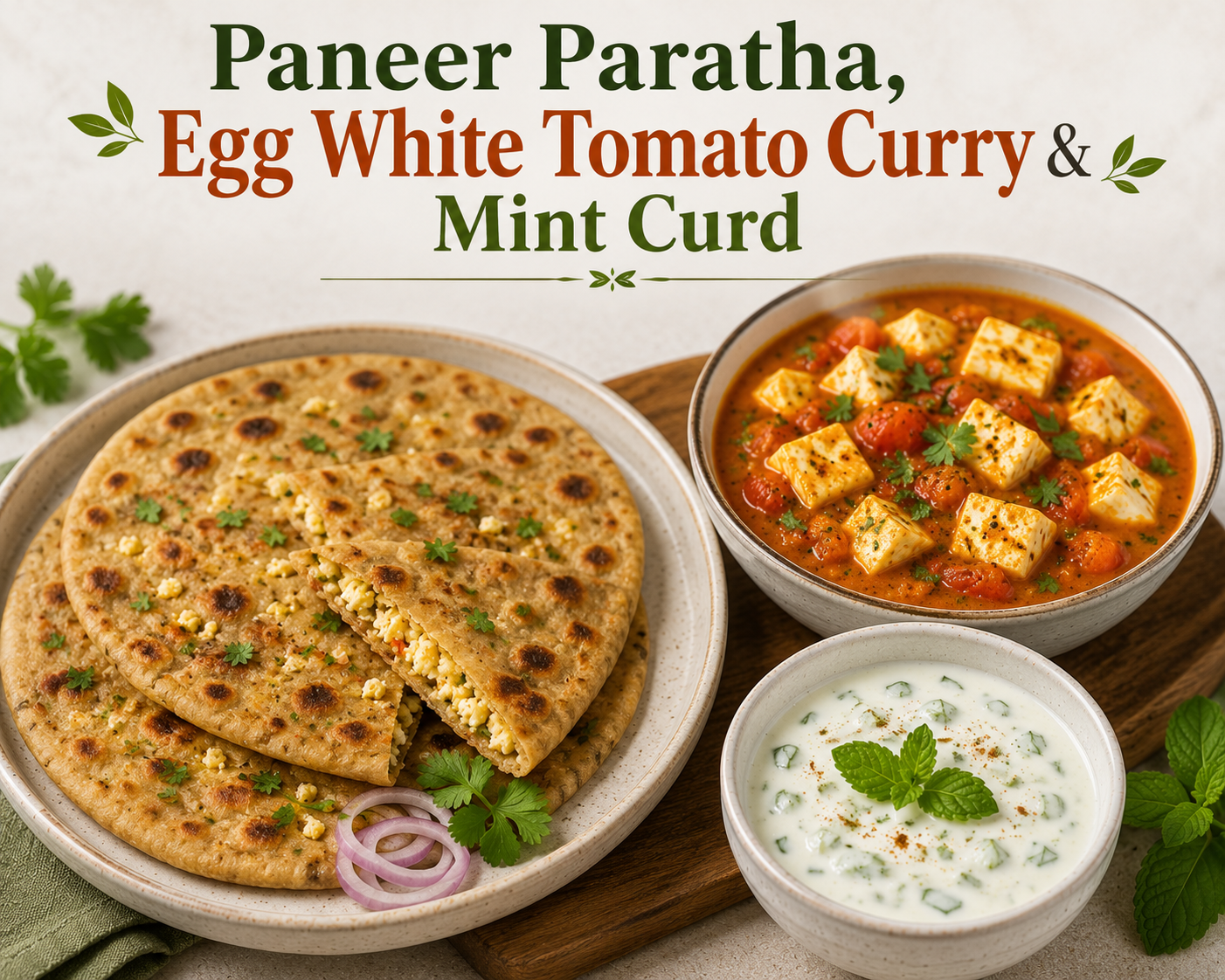 Paneer Paratha, Egg White Tomato Curry & Mint Curd