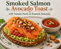 Smoked Salmon & Avocado Toast Served with Tomato Purée and Roasted Almonds