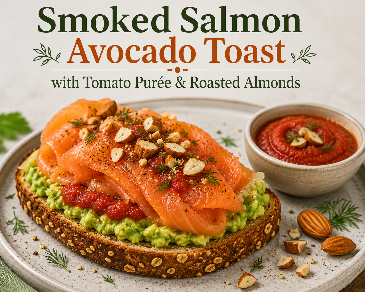 Smoked Salmon & Avocado Toast Served with Tomato Purée and Roasted Almonds