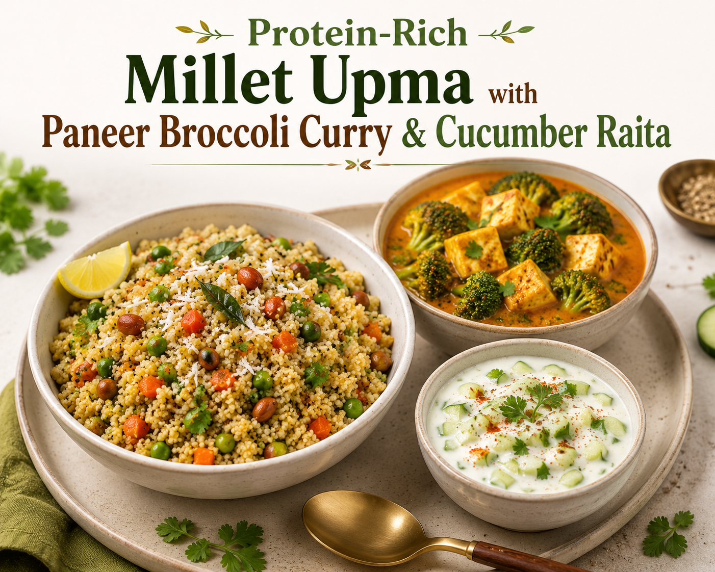 Protein-Rich Millet Upma with Paneer Broccoli Curry & Cucumber Raita