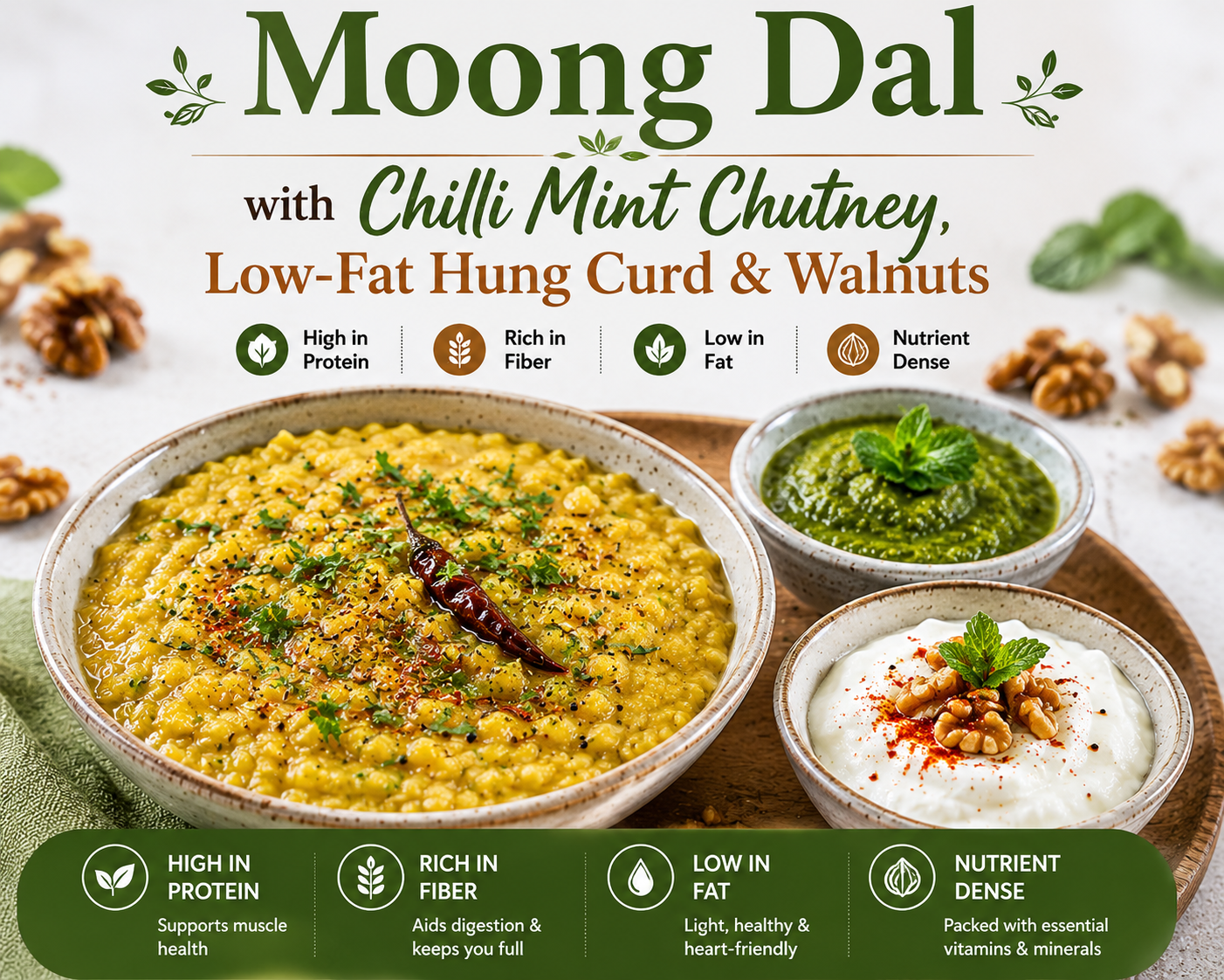 Moong Dal with Chilli Mint Chutney, Low-Fat Hung Curd & Walnuts