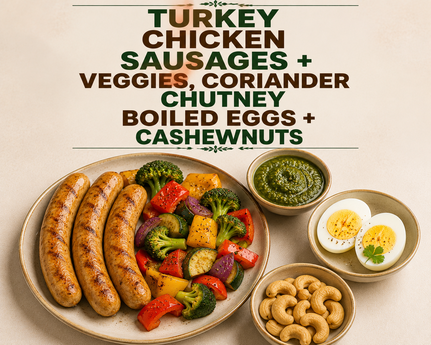 Turkey Chicken Sausages with Veggies, Coriander Chutney, Boiled Eggs & Cashewnuts