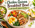Chicken Quinoa Breakfast Bowl with Sprouts Salad & Cut Pear