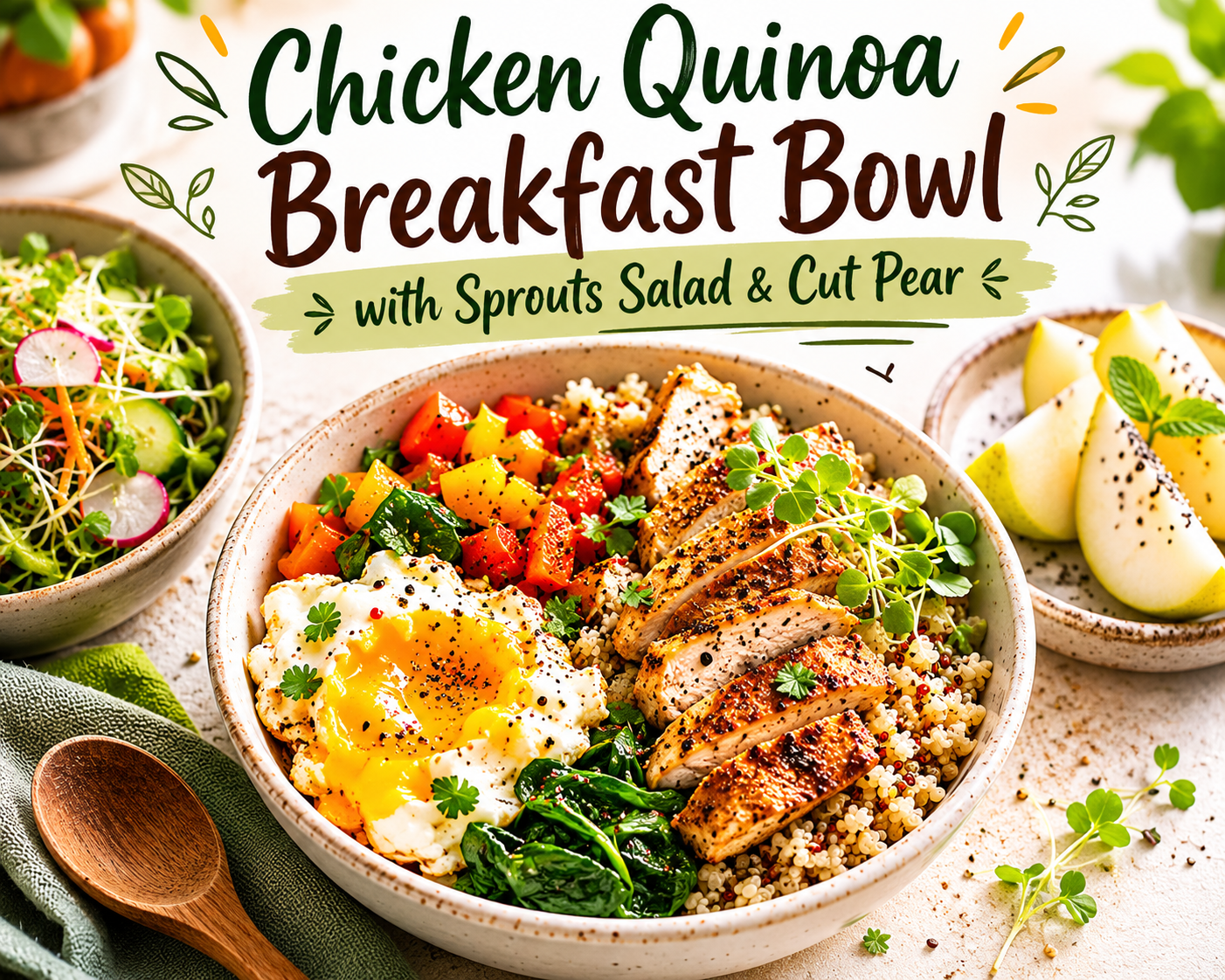 Chicken Quinoa Breakfast Bowl with Sprouts Salad & Cut Pear