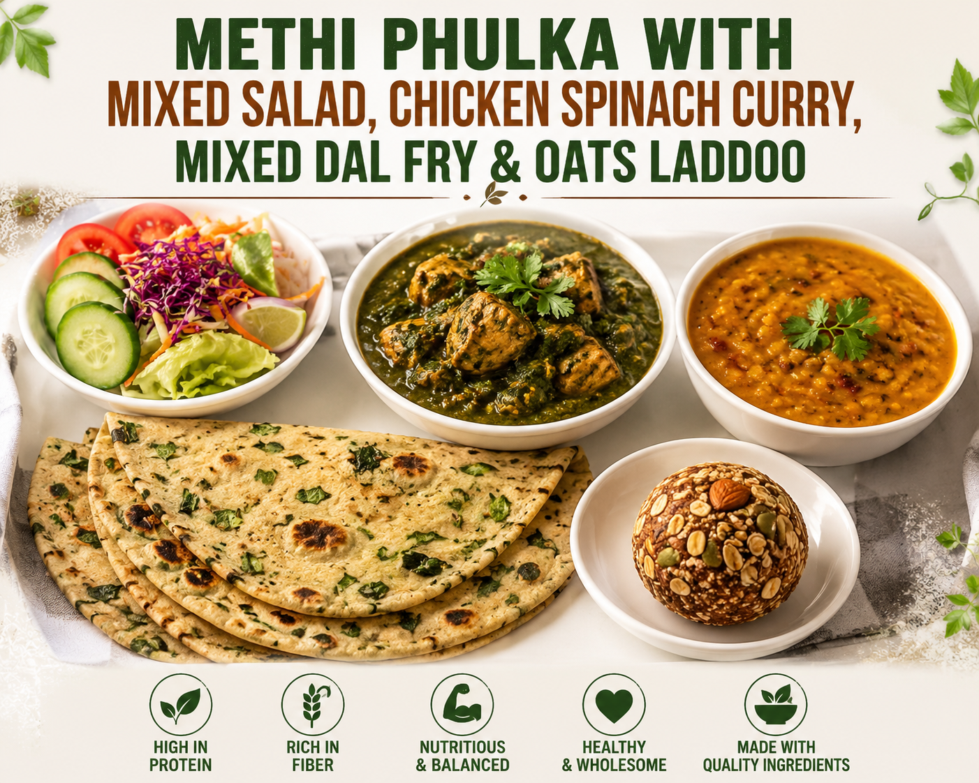 Methi Phulka with Mixed Salad, Chicken Spinach Curry, Mixed Dal Fry & Oats Laddoo