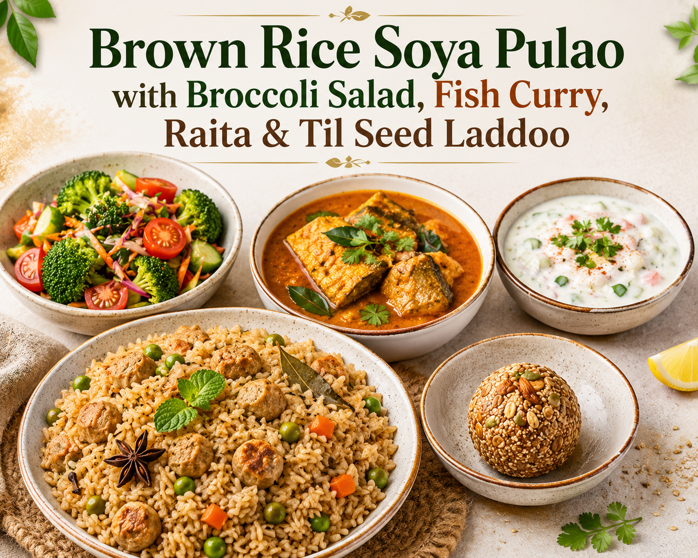 Brown Rice Soya Pulao with Broccoli Salad, Fish Curry, Raita & Til Seed Laddoo
