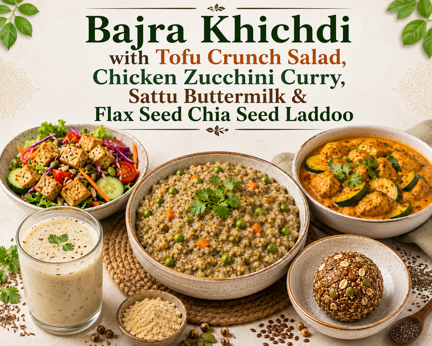 Bajra Khichdi with Tofu Crunch Salad, Chicken Zucchini Curry, Sattu Buttermilk & Flax Seed Chia Seed Laddoo