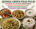 Quinoa Green Peas Pulao with Rainbow Salad & Mixed Seeds, Chicken Mushroom Curry, Sabja Seed Raita & Coconut Chia Pudding
