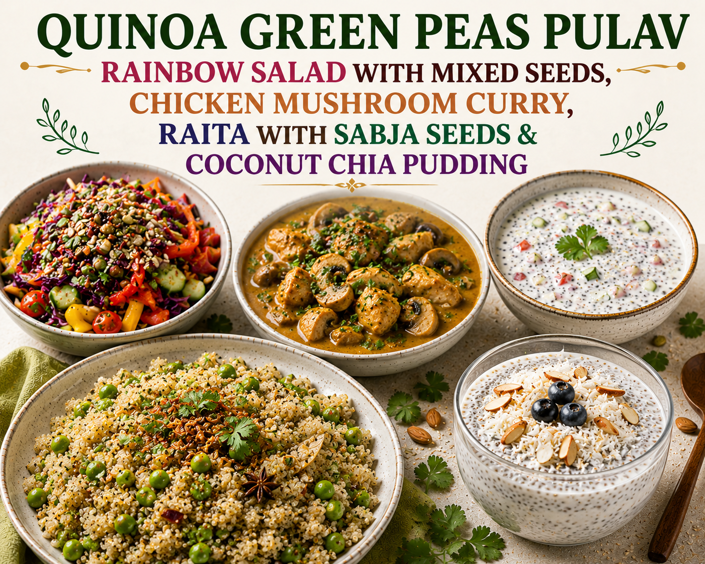 Quinoa Green Peas Pulao with Rainbow Salad & Mixed Seeds, Chicken Mushroom Curry, Sabja Seed Raita & Coconut Chia Pudding