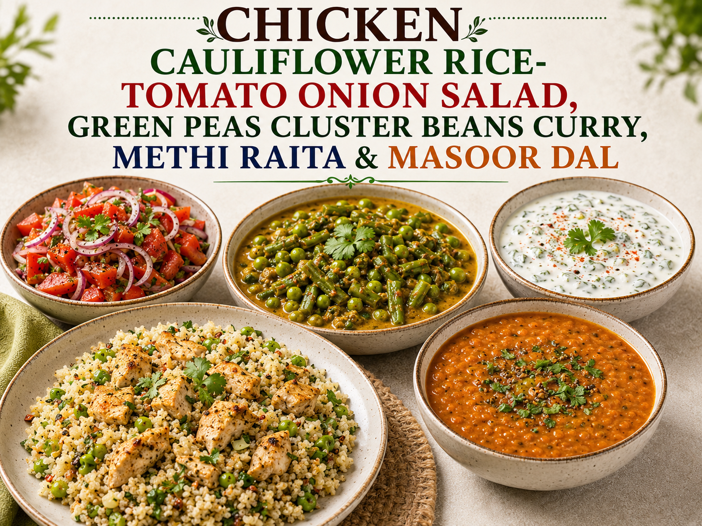 Chicken Cauliflower Rice with Tomato Onion Salad, Green Peas Cluster Beans Curry, Methi Raita & Masoor Dal