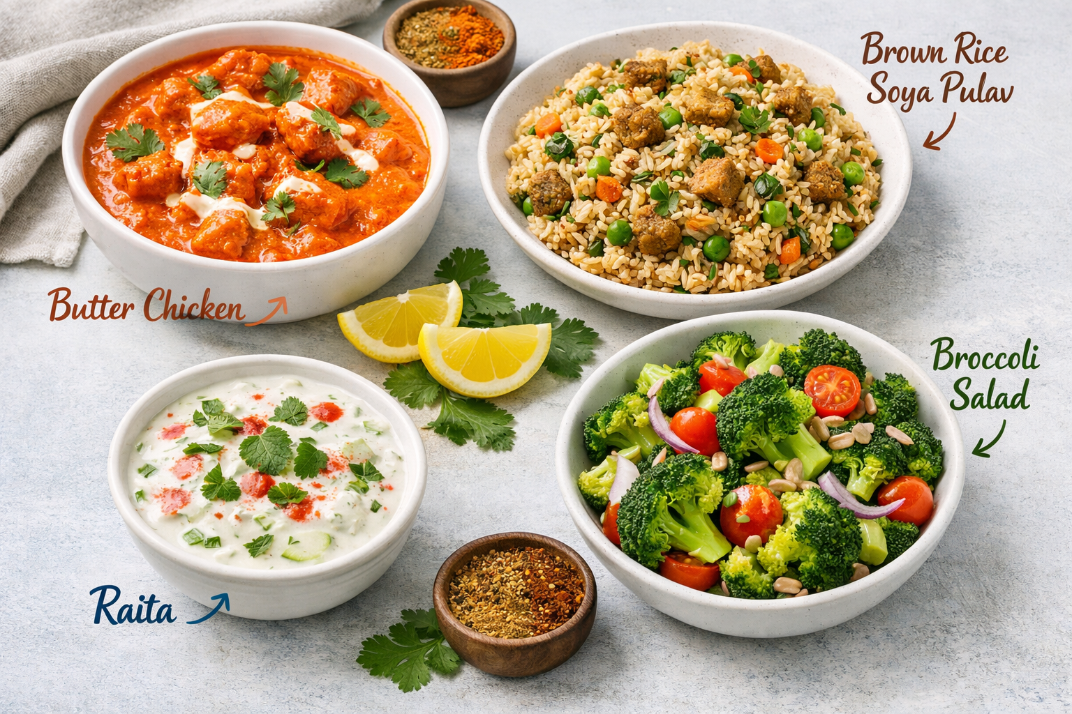 Butter Chicken, Brown Rice Soya Pulav, Broccoli Salad, Raita