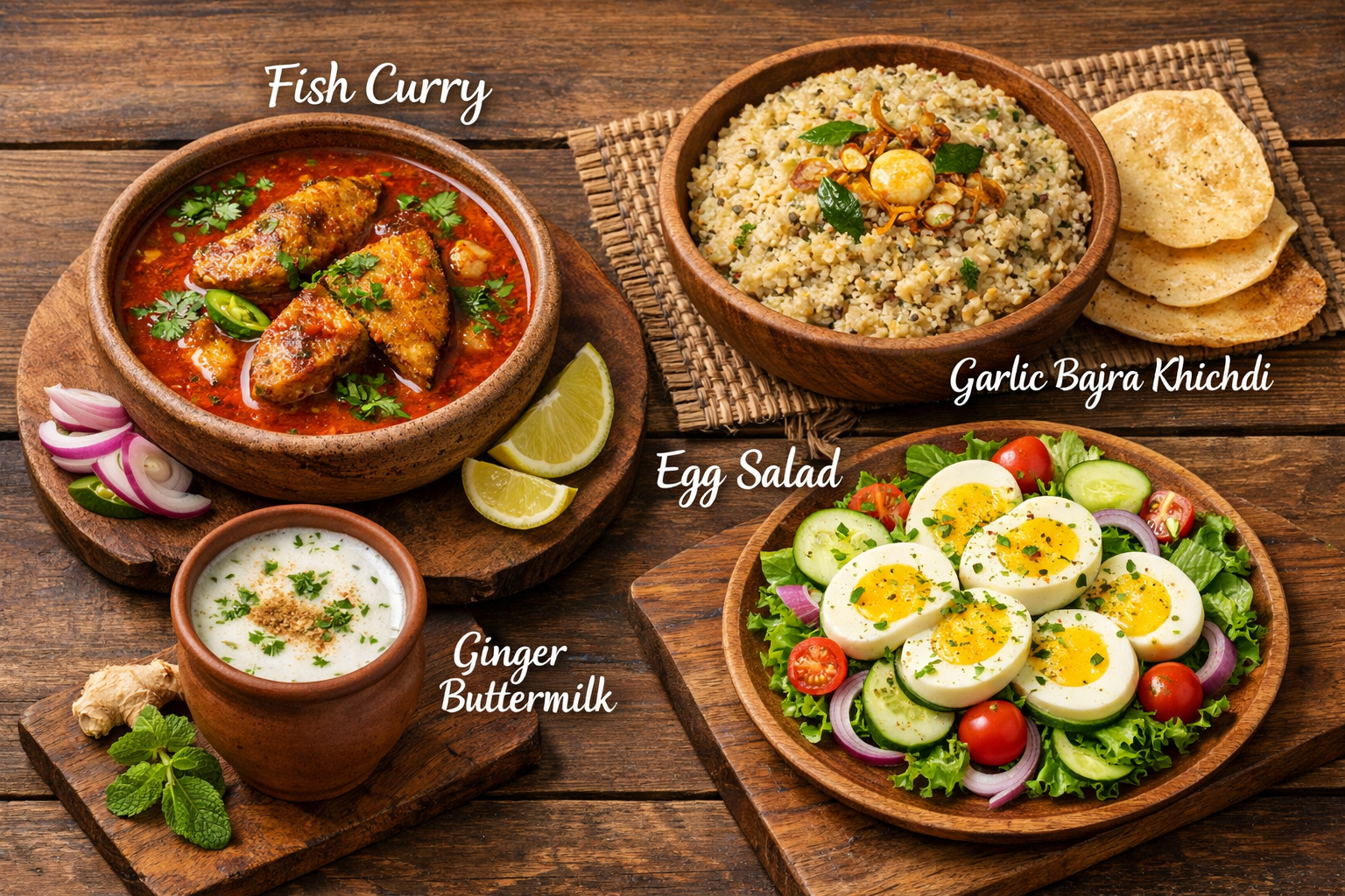Fish Curry, Garlic Bajra Khichdi, Egg Salad, Ginger Buttermilk – Metis