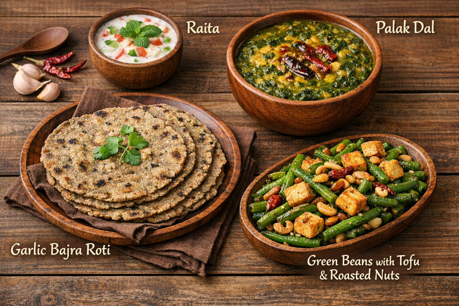 Garlic Bajra Khichdi, Palak Dal, Raita, Green Beans with Tofu and Roasted Nuts