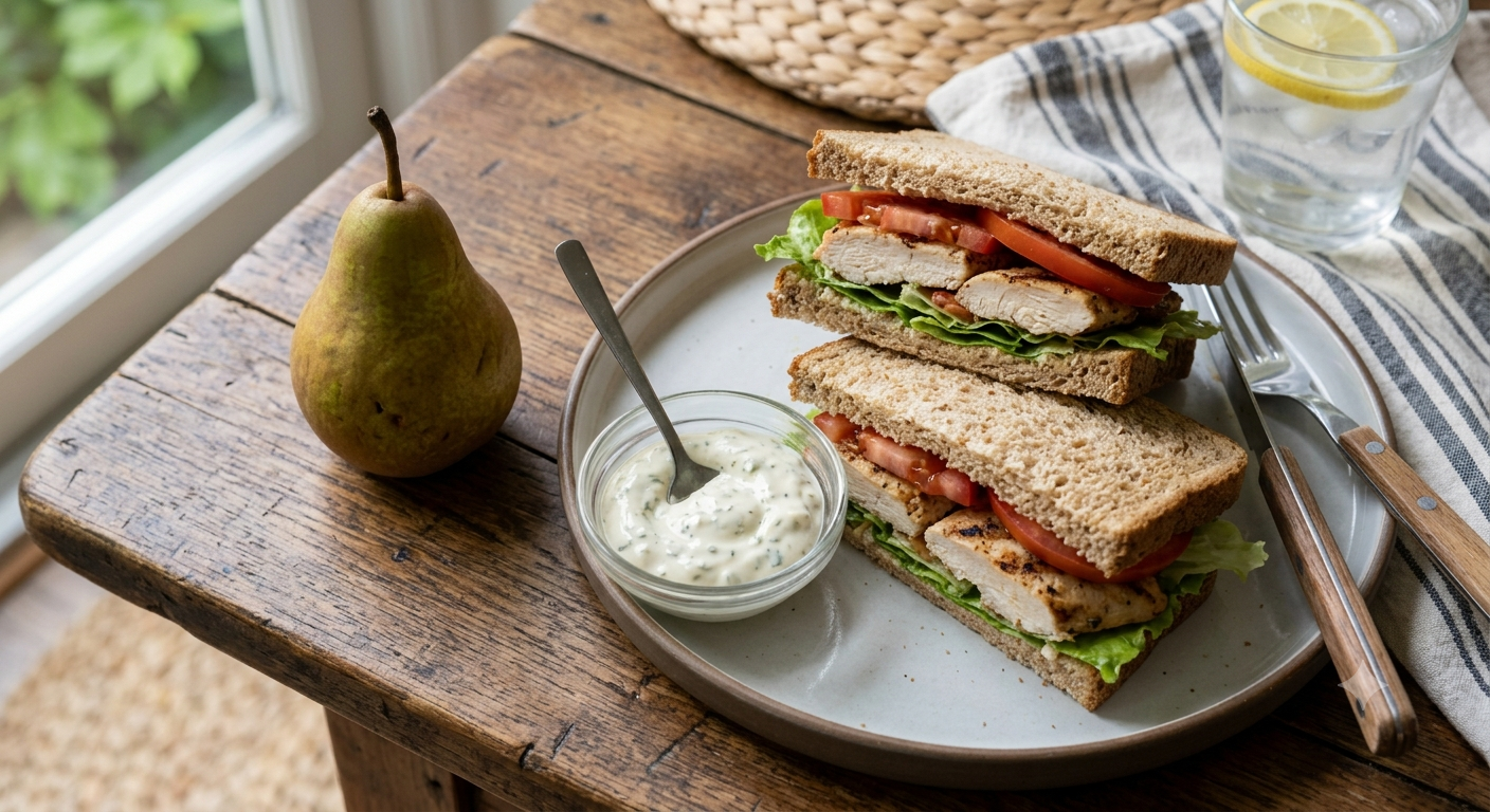 Chicken sandwich, dip, pear