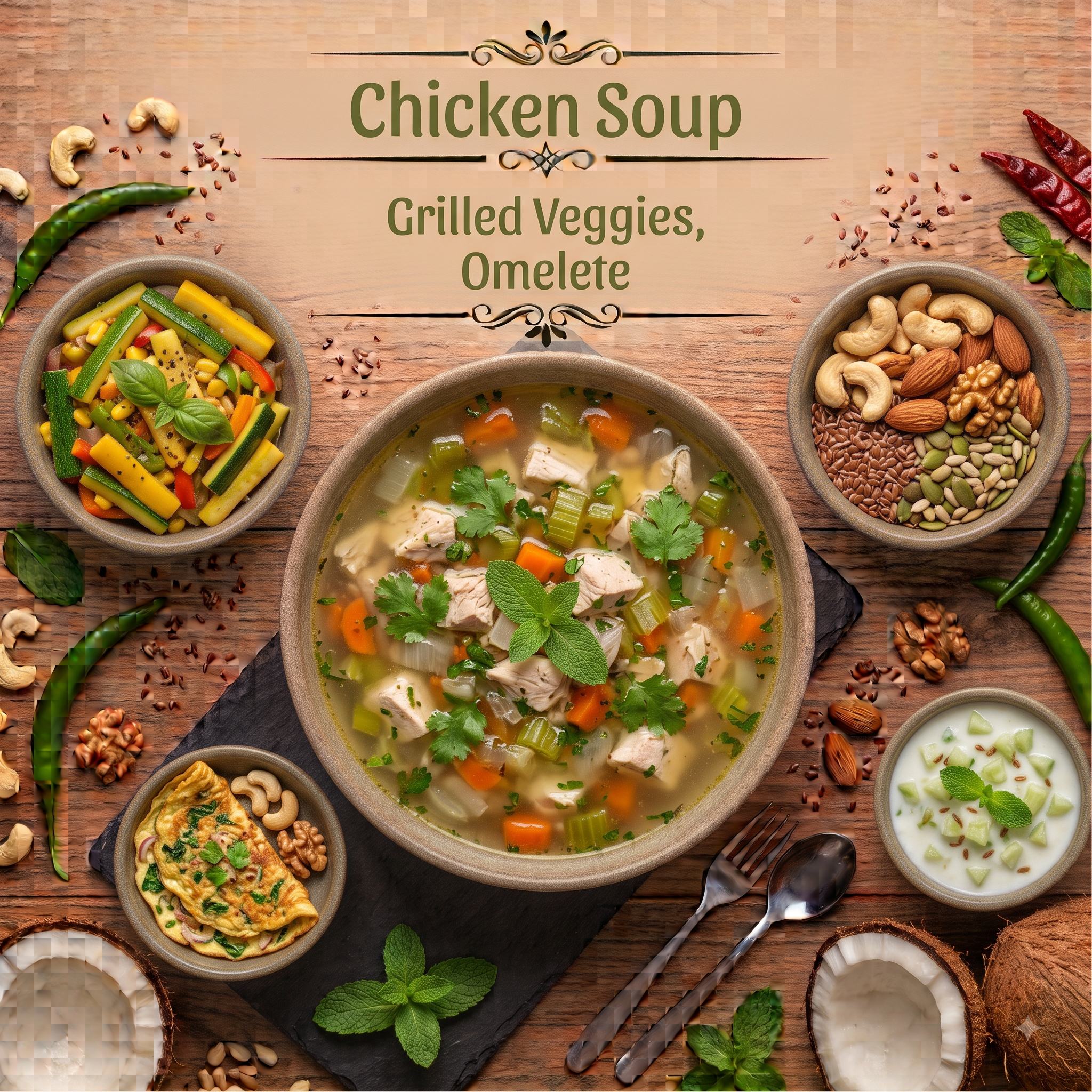 Chicken Soup, Grilled Veggies, omlette