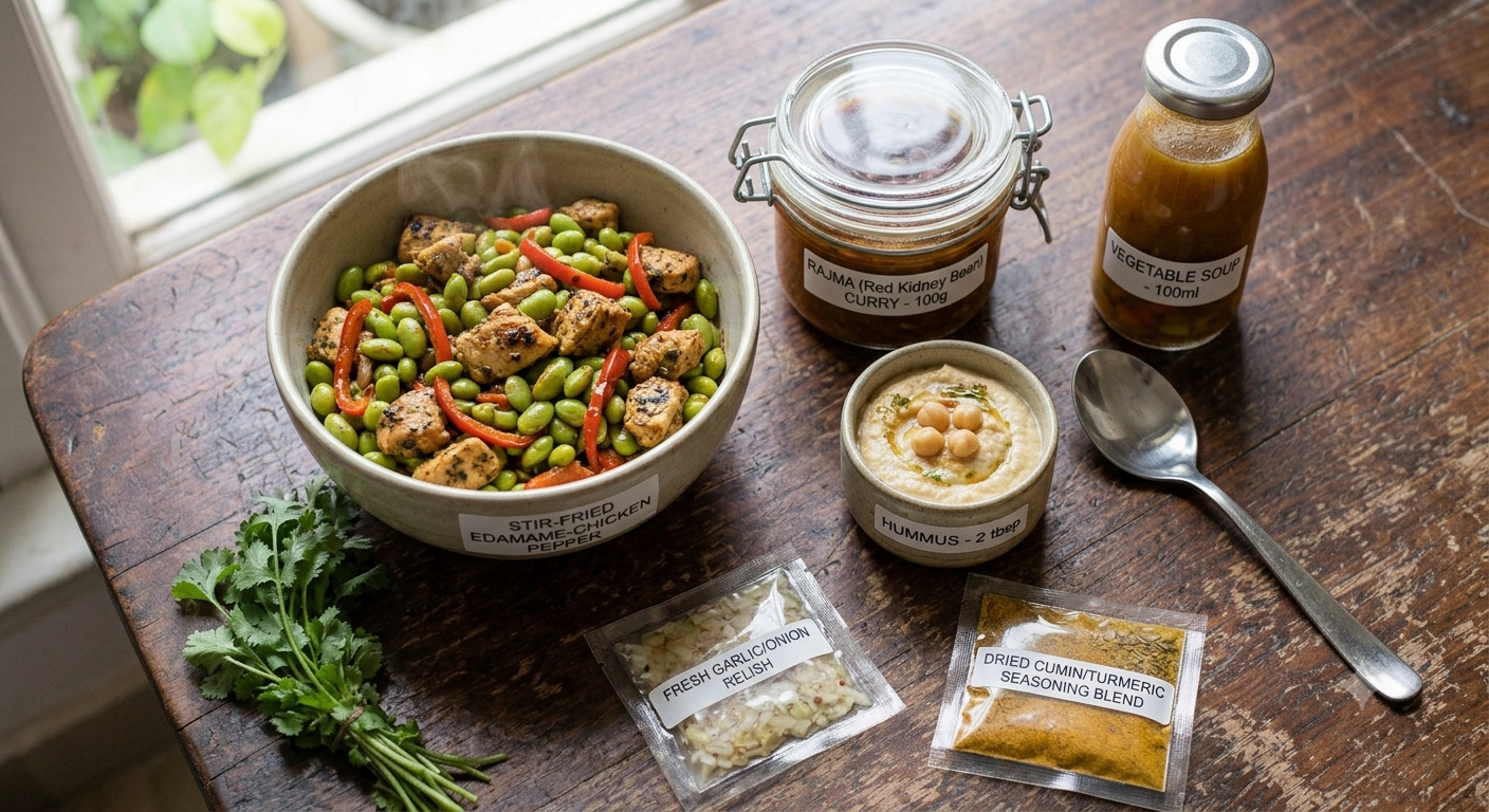Stir fried Edamame- Chicken pepper- hummus+ veg soup