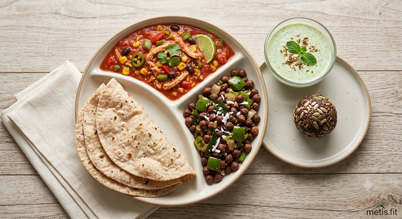 Multigrain phulkas, Mexican chicken salsa gravy curry - Black chana & capsicum fry - Pudina Raita - Mixes Seed protein ladoo