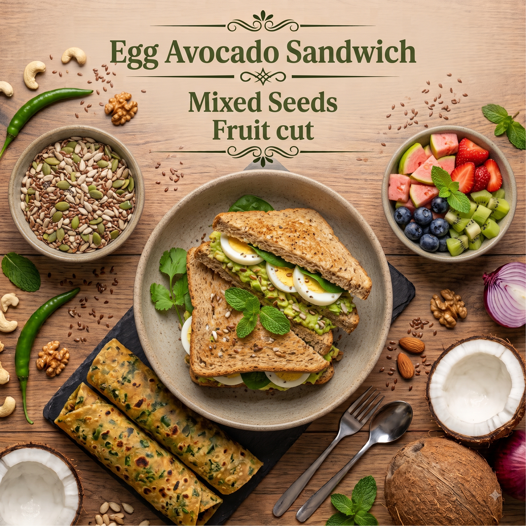 Egg Avocado Sandwich, Mixed Seeds, Fruit cut