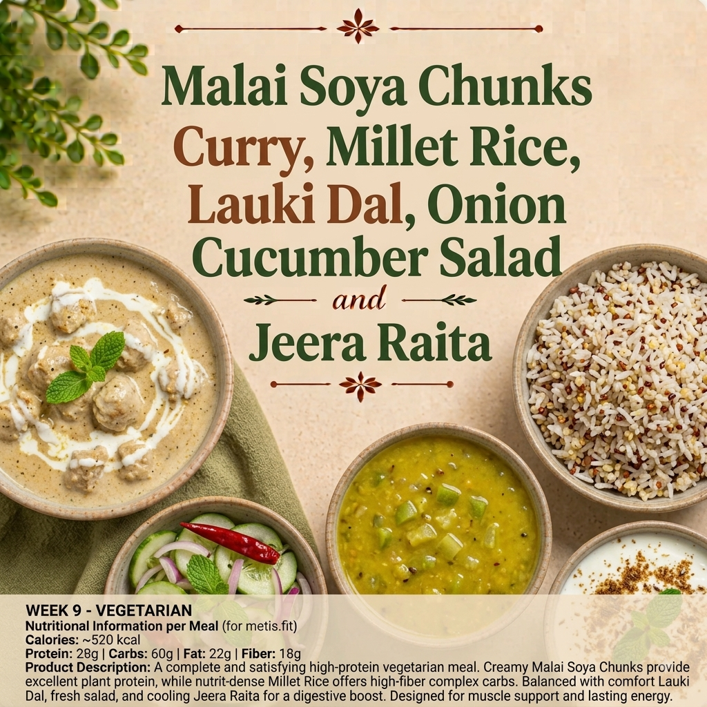 Malai Soya Chunks Curry, Millet Rice, lauki Dal, Onion Cucumber Salad, Jeera Raita