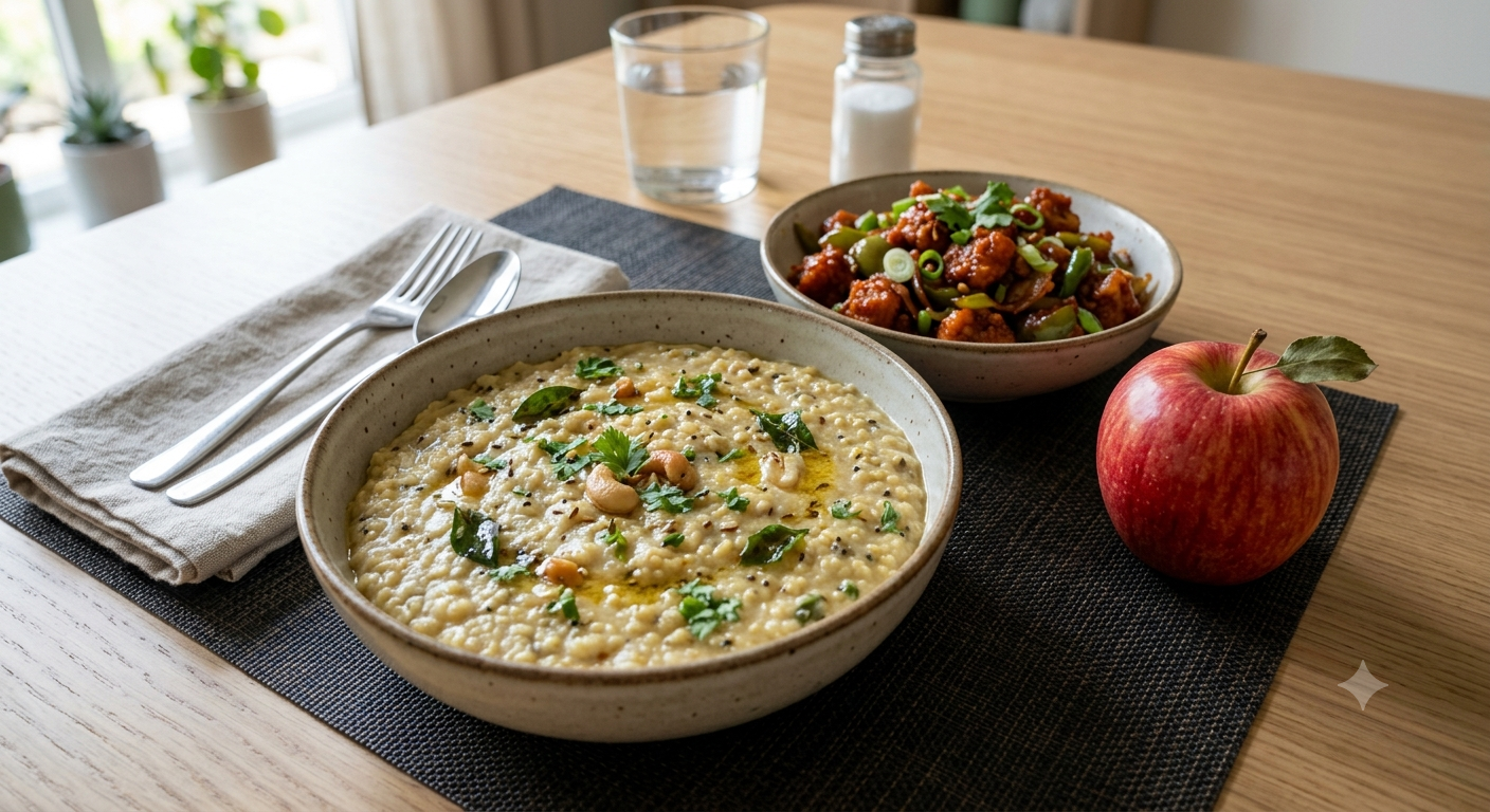 Millet pongal, chilli chicken, apple