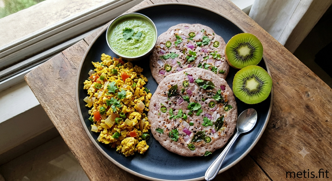 Ragi uthappam, egg bhurji, tbsp chutney, kiwi