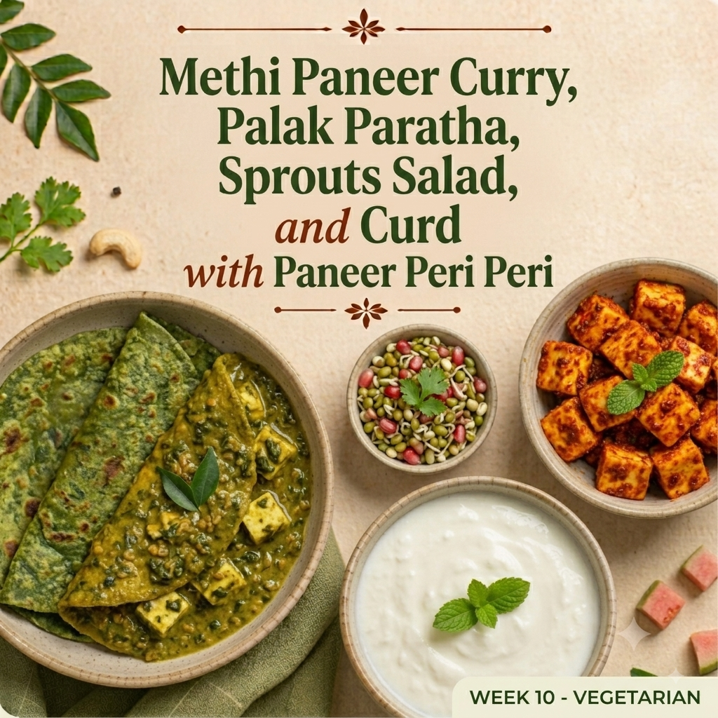Methi Paneer curry, Palak Paratha, Sprouts Salad, Curd, Paneer peri peri