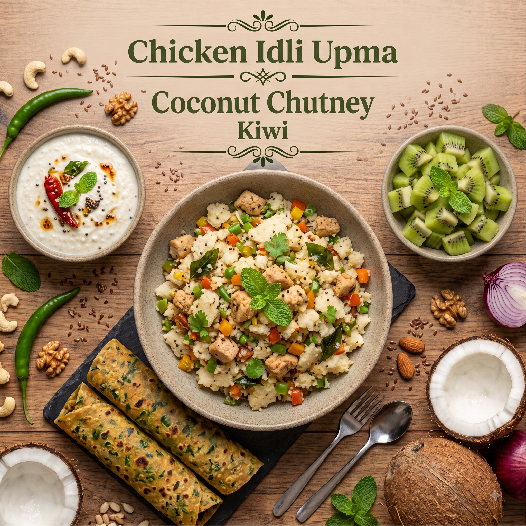 Chicken Idli Upma, Coconut Chutney, Kiwi