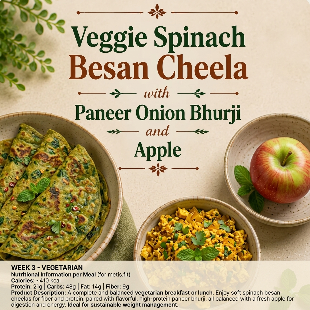Spinach Besan cheela, Paneer onion Bhurji, Apple
