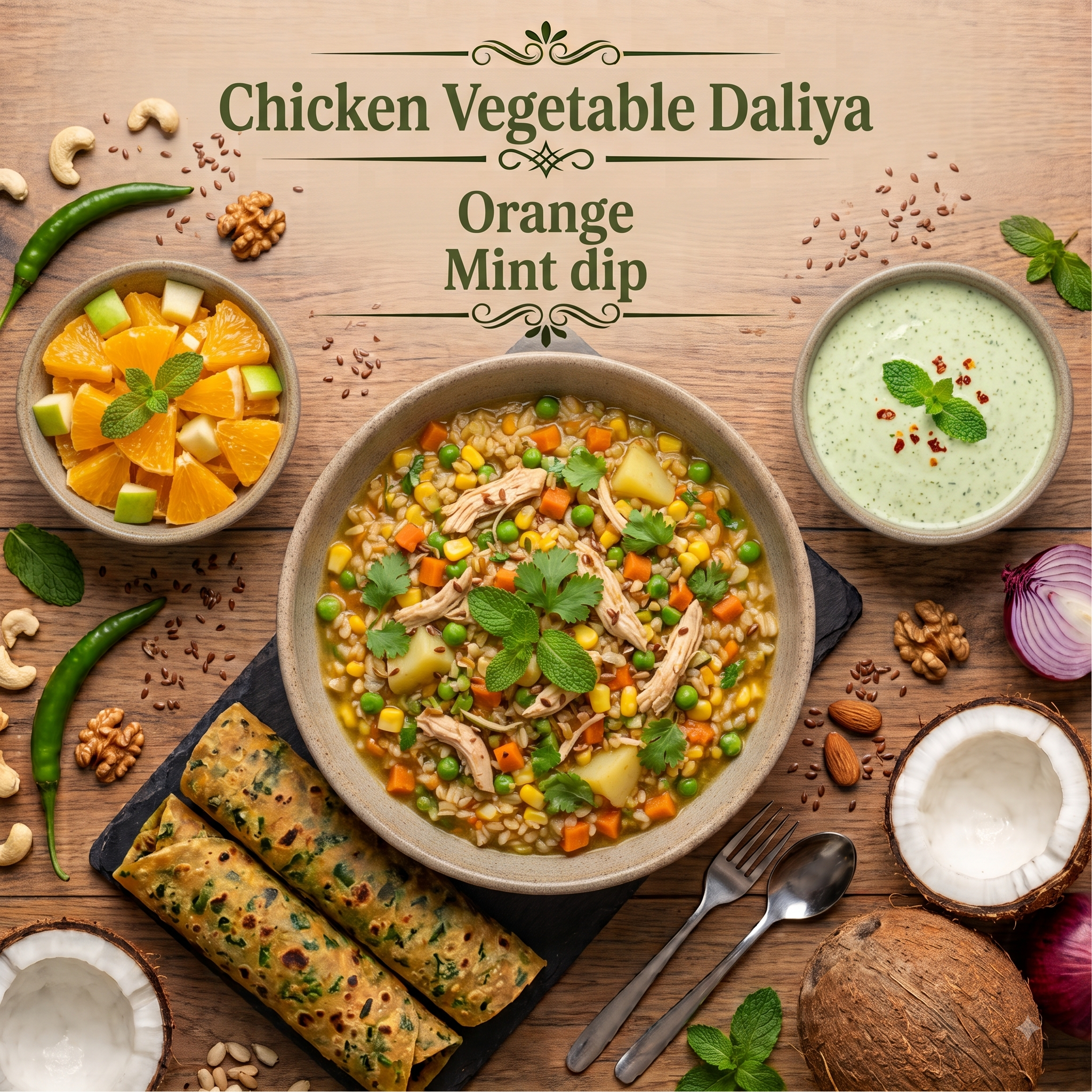Chicken Vegetable Daliya, Orange, Mint dip