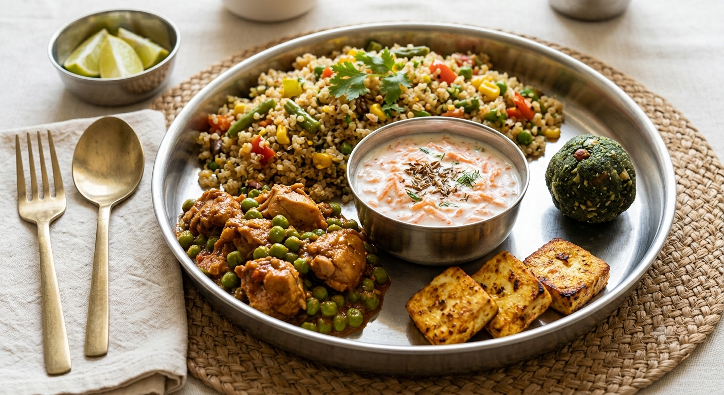 Quinoa pulav, chicken green peas gravy curry, paneer fry, carrot raita, Moringa ladoo